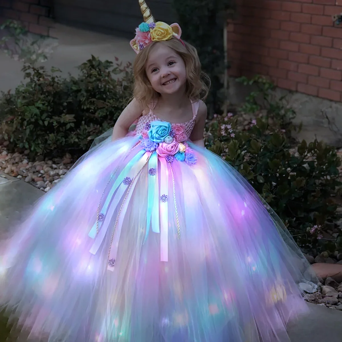 Curtain Sheer Voile - Gilrs Long LED Unicorn Tutu Dress